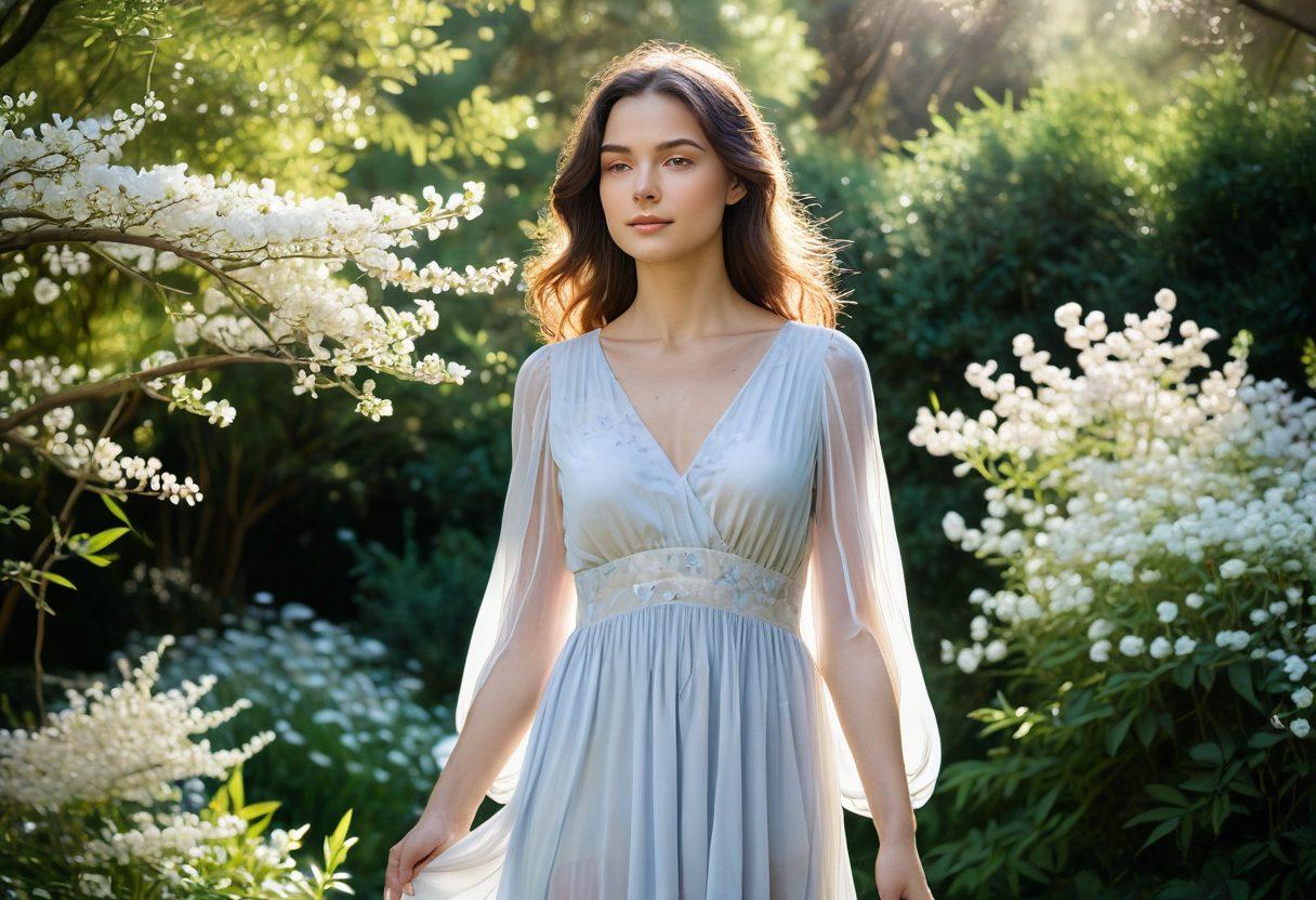 A radiant young woman confidently embracing her sensuality in a serene garden surrounded by blooming flowers, symbolizing both empowerment and innocence. She wears a flowy, ethereal dress, exuding a sense of freedom and self-discovery. Soft sunlight filters through the trees, creating a warm, inviting atmosphere. The background features gentle curves and organic shapes to evoke intimacy and embrace. watercolor style. soft pastel colors. serene ambiance.