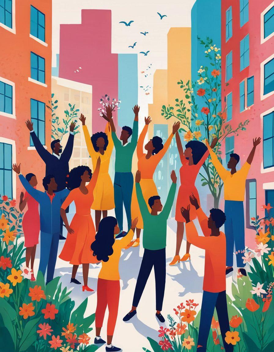 A vibrant illustration depicting a journey from innocence to empowerment, featuring a diverse group of individuals in various stages of healthy relationships, set against a backdrop of urban life. Include symbols of love, support, and growth, such as blooming flowers and open hands. The colors should be bright and uplifting, conveying positivity and hope. Incorporate elements of modern technology and nature to depict balance in relationships. vector art. vibrant colors.